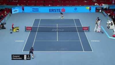 Medvedev‘s underarm serve leads to a let. Then hilariously follows up with an underarm fake [0:49]