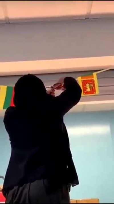 A girl at Maiden Erlegh school in Reading, UK cut out the Israeli flag here in her classroom and replaced it with a Palestinian flag. Though she was subsequently removed from class.