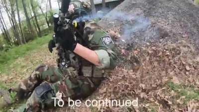 Right in the Bread Basket! Taginn grenade stuck to face...