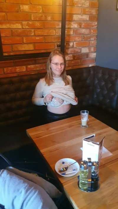 Waiter, something to keep my big boobs firm, please.