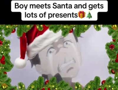 boy meets santa, cannot hold back tears. 