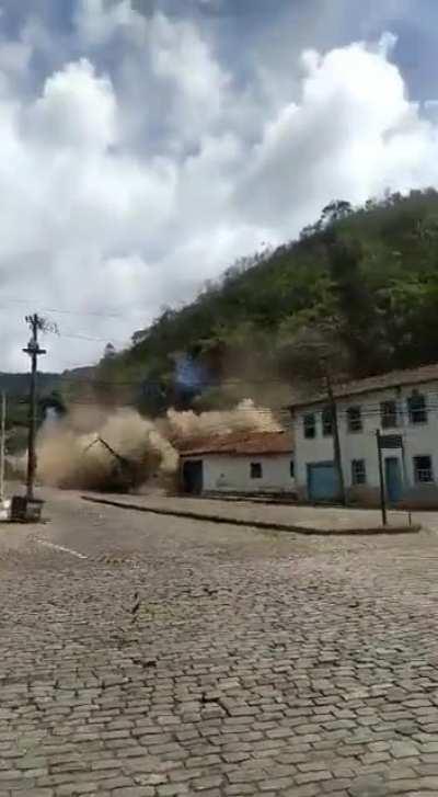 Hill collapses over buildings after heavy rain in Ouro Preto, Brazil. January, 2022.