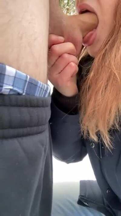 Taking him in deep inch by inch. Do you like outdoor blow jobs? [OC]