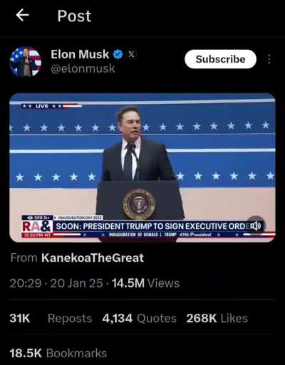 Elon Musk's official x post cuts away during the salute.