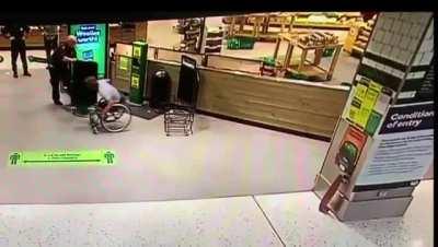 Legless man in wheelchair causes chaos at supermarket
