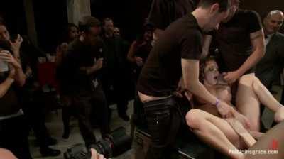 Amy Brooke fisted in ass for crowd of people while getting face covered in cum