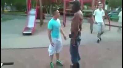 Big bully gets taught a lesson by smaller victim.