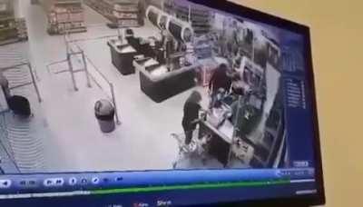 guy attacks cashier and other when asked to wear a mask. random guy clean the floor with him afterwards
