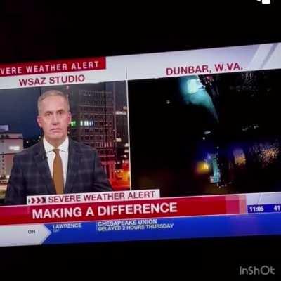Newscaster hit by a car live on TV during bad weather.
