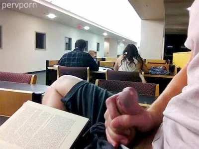 “Reading good book at the library” …