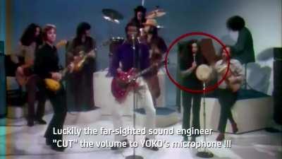 Sound engineers turn Yoko Ono's mic off mid performance to stop her from ruining a legendary performance between John Lennon and Chuck Berry in 1972.