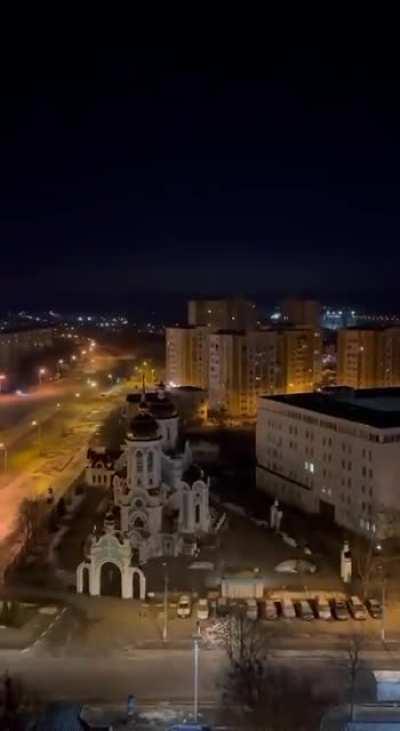 Barrage of Russian rockets landing in Kharkiv, Ukraine.