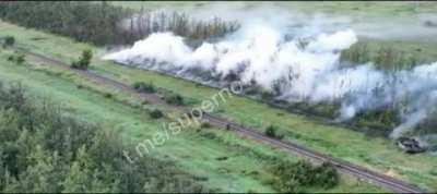 Ukrainian troops using UR-77 demining explosive charges, location not given, June 2023.