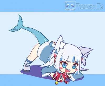 Just a shark cat toying with a mischievous mouse.