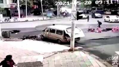 City workers in China accidentally ignite sewer vapors.