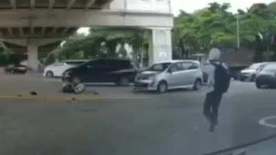 the crash seems to have not only totalled the bike, but also the bikers head!