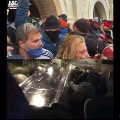 The guy who keep beating and ripped off the mask of the cop getting crushed