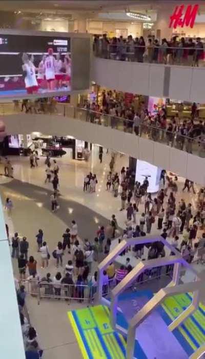 Hong Kongers at APM mall watching China vs Turkey women's volleyball Olympics match seen cheering for Turkey as they win 3-0 over China