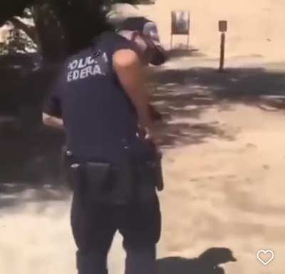 Mexican Federal Officer shoots through his pants while reholstering.