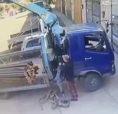 Nearly crushed by his truck