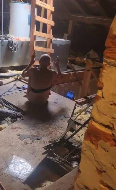 Working in the attic in the quarter and all of sudden we hear yelling in the attic i go check and this is what we have in the attic with us (this is not the owner of the house)