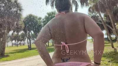 Dared to wear my sheer bikini and shower off in public [F]