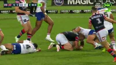 Angus Crichton ending the first half with a torn jersey