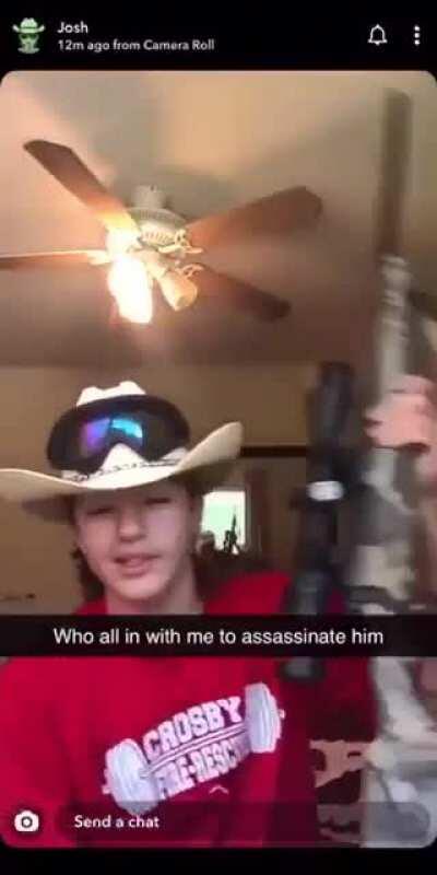 Biden death threat Snapchat video posted my 14 year olds fellow high school freshman classmate. Federal and state authorities involved. Kid just messed his whole life up.