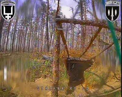 Ukrainian fiber optic drone flew through a gap in the anti drone net of a Russian bunker in a forest. Lyman direction. SIGNUM Battalion. May 22, 2025