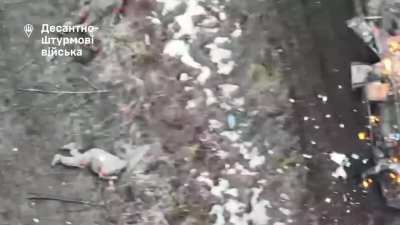 Ukrainian drones and artillery destroys Russian BTR-82ATs and a tank during an assault. Road between Novoivanovka and Viktorovka, Kursk Oblast. December 2024