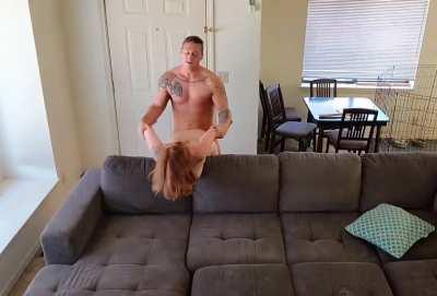 Dirty Talking Redhead MILF Fucked Over The Back of the Couch 