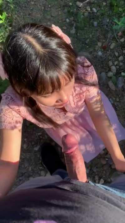 Little Asian Girl BJ Daddy in the Park