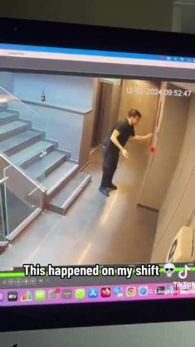 Guy trips down stares, hits fire alarm 