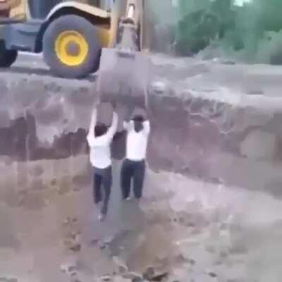 What could go wrong with holding onto a moving digger arm