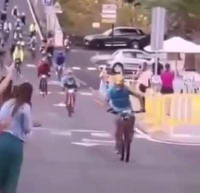 Guy misses finish line due to collision