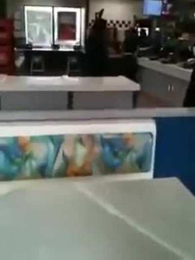 Woman talking trash has an instant attitude adjustment after tasting a little pepper spray. Filmed on a potato.