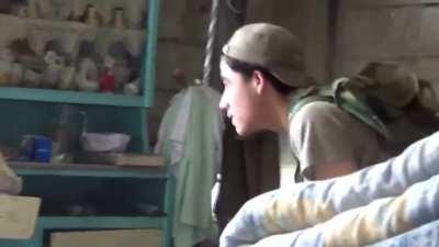 FSA firing hole becomes a target for incoming SAA gunfire during fighting for Al-Sina'a, Deir ez-Zor - 2013