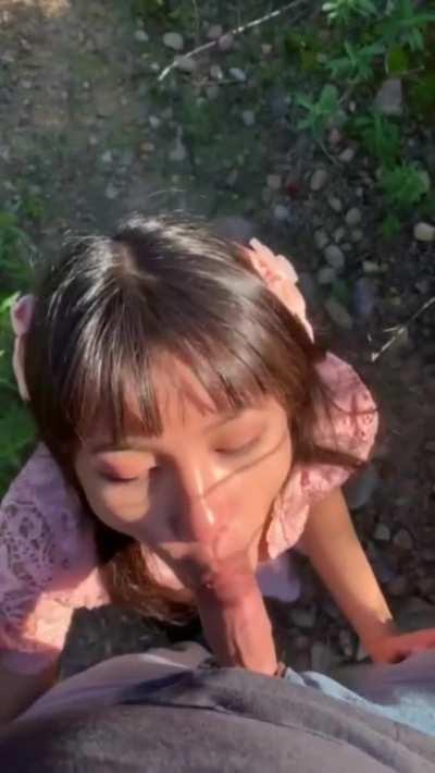 Cute little Asian Girl Plays with Daddy's Dick in the Park
