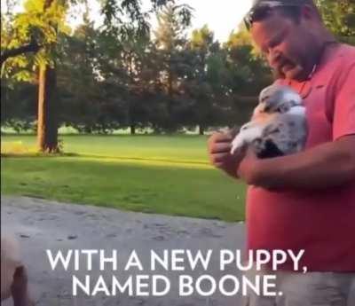 Man is surprised with a new puppy from his family