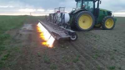 Flame weeding is the process of killing unwanted plant growth using a tractor-mounted propane gas burner to produce a controlled flame that incinerates the plants