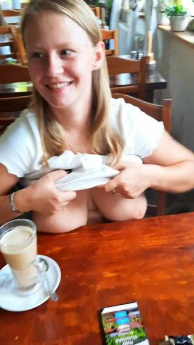 In the restaurant, tired after coming down from the mountains, but I had the strength to show my boobs. Heh