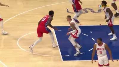 [Highlight] Embiid gets the rebound, comes down the court and uses the fancy footwork to drain the post spin on Theis