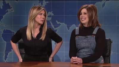 SNL's Vanessa Bayer showcasing her spot on impression of Rachel. Jennifer Aniston ends up confronting her partway through.