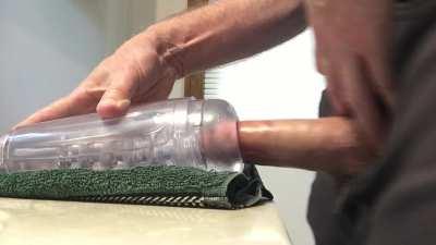 Fully clothed fuck and cumshot with clear fleshlight