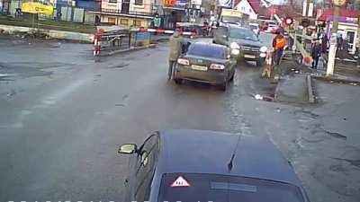 stuck on the train tracks