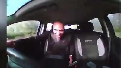 Schizo guy driving fast shouting that he is Jesus, then crashes car.