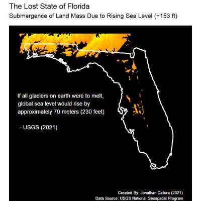 [OC] The Lost State of Florida: Worst Case Scenario for Rising Sea Level