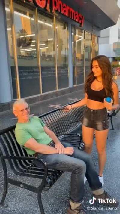 The only creep I see in this video is the one who approaches random old men and trying to bait them into saying or doing something that would literally ruin thier lives. (She's 16 and didn't even tell him before posting it).