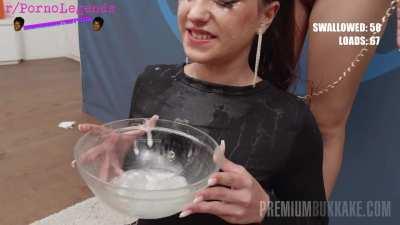 Bukkake outtake 💦💦💦 - Stomach was too full and she coughs up about 20 loads of cum back into a bowl while trying to swallow it all 🏆