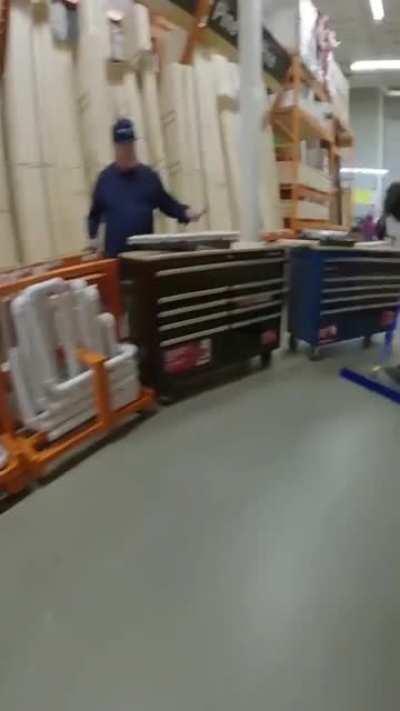 Performing the Home Depot theme inside Home Depot using DIY items.